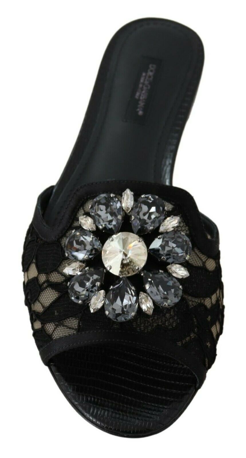 Dolce & Gabbana Black Taormina Lace Slides Crystals Flats Shoes