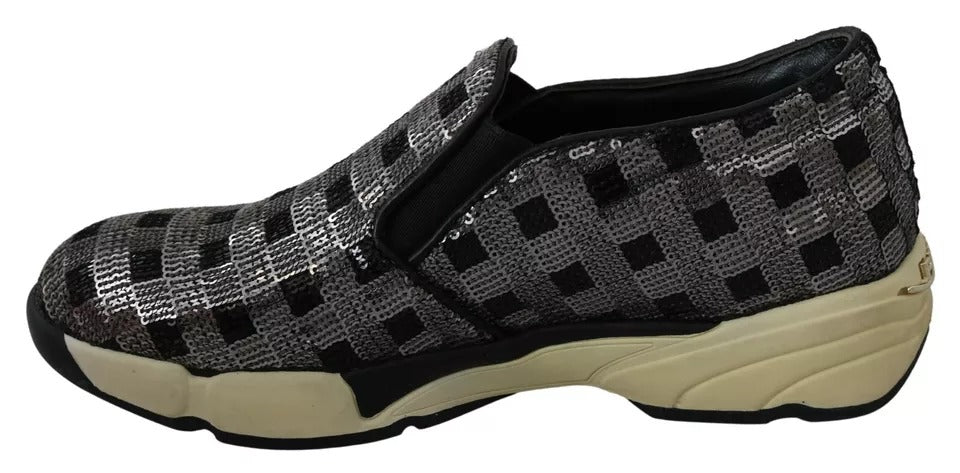 PINKO Silver Black Slip-on Sequence Design Sneakers Shoes