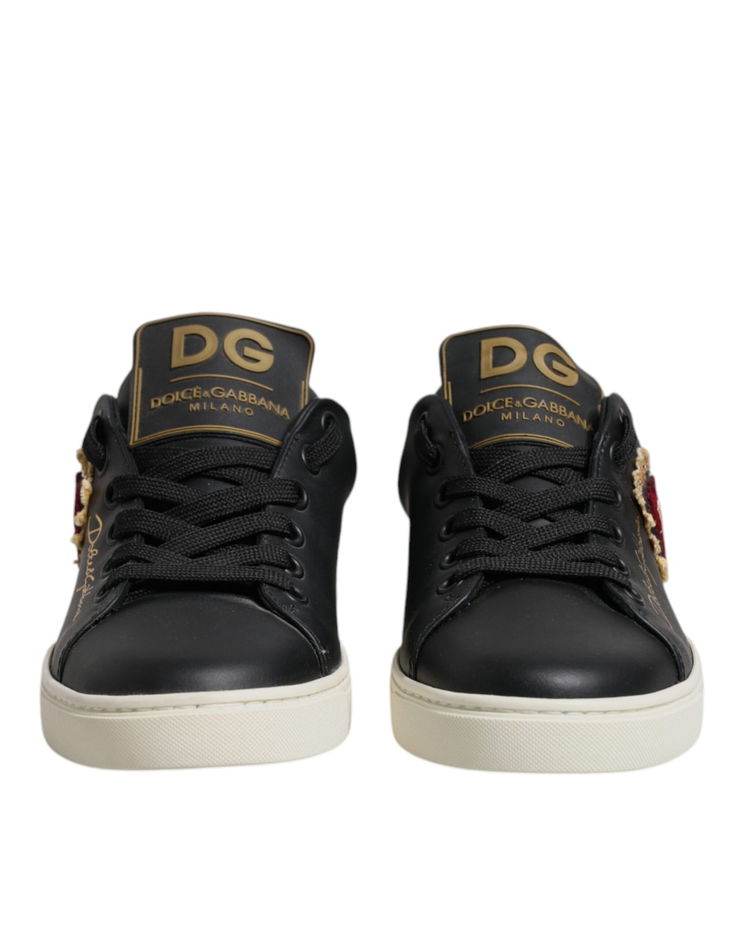 Dolce & Gabbana Black Leather Gold Red Heart Sneakers Shoes