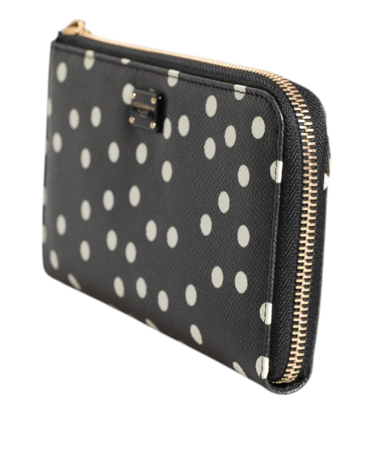 Dolce & Gabbana Black White Dotted Leather Zip Around Continental Wallet