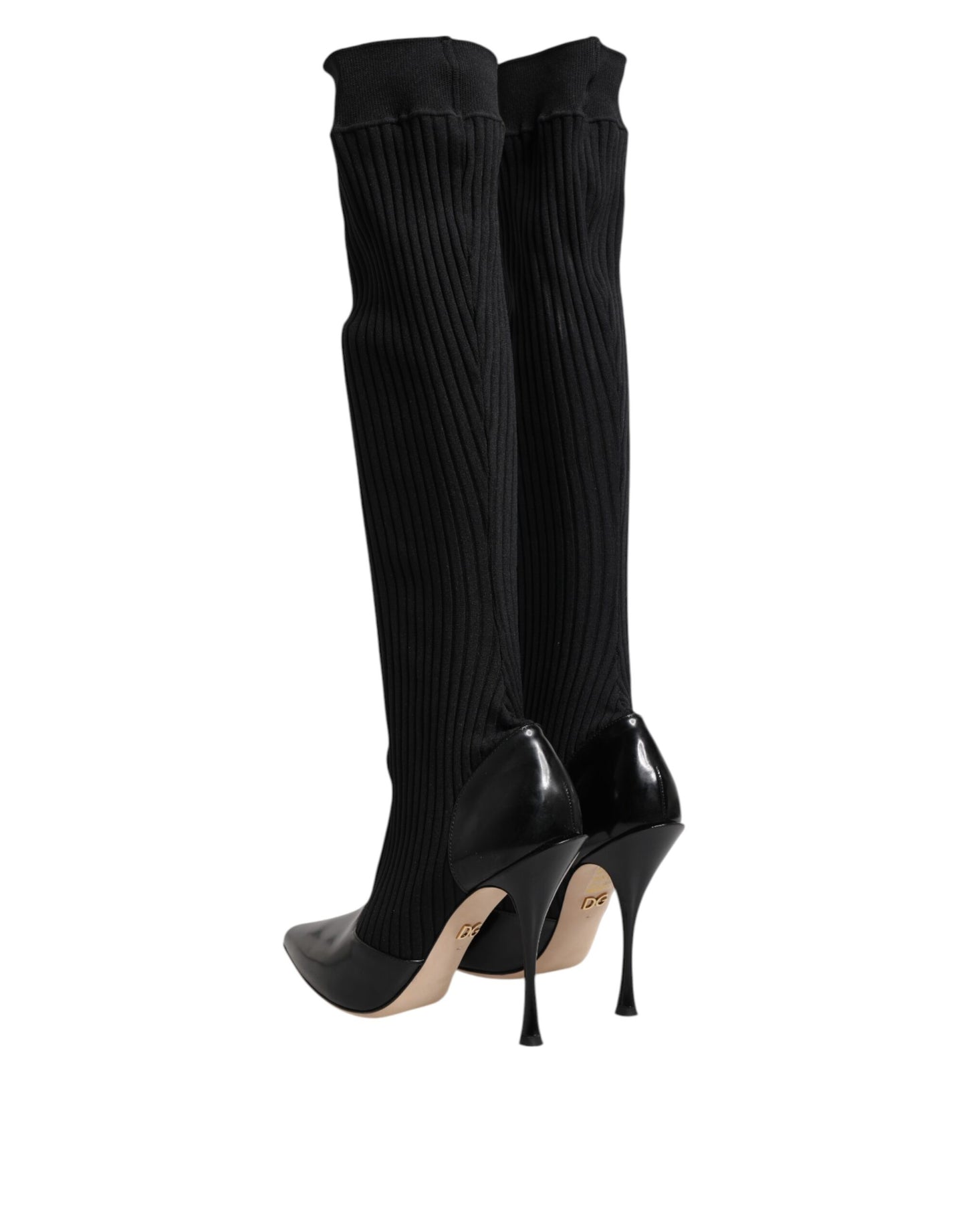 Dolce & Gabbana Black Leather Ribbed Knit Knee Boots Shoes