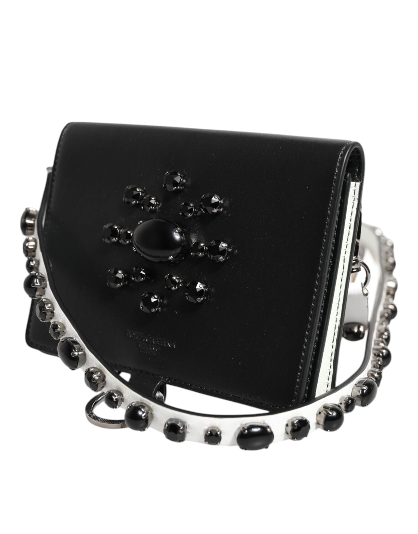 Dolce & Gabbana Black Leather Crystal Embellished Card Holder Wallet