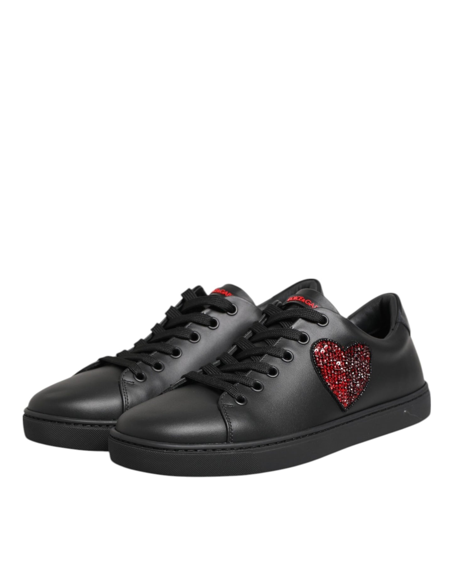 Dolce & Gabbana Black Leather Crystal Heart Low Top Sneakers Shoes