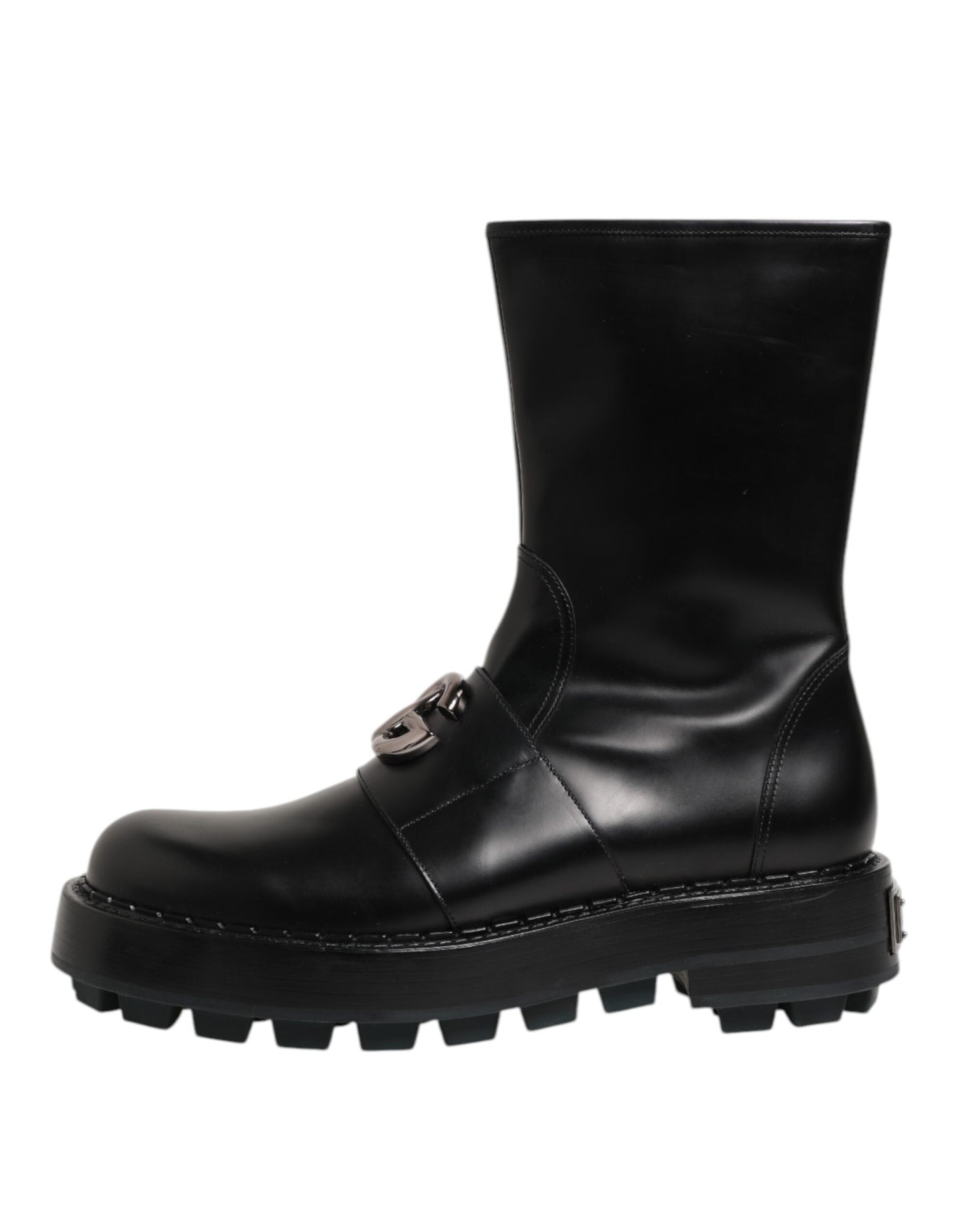 Dolce & Gabbana Black Logo Plaque Mid Calf Biker Boots Shoes