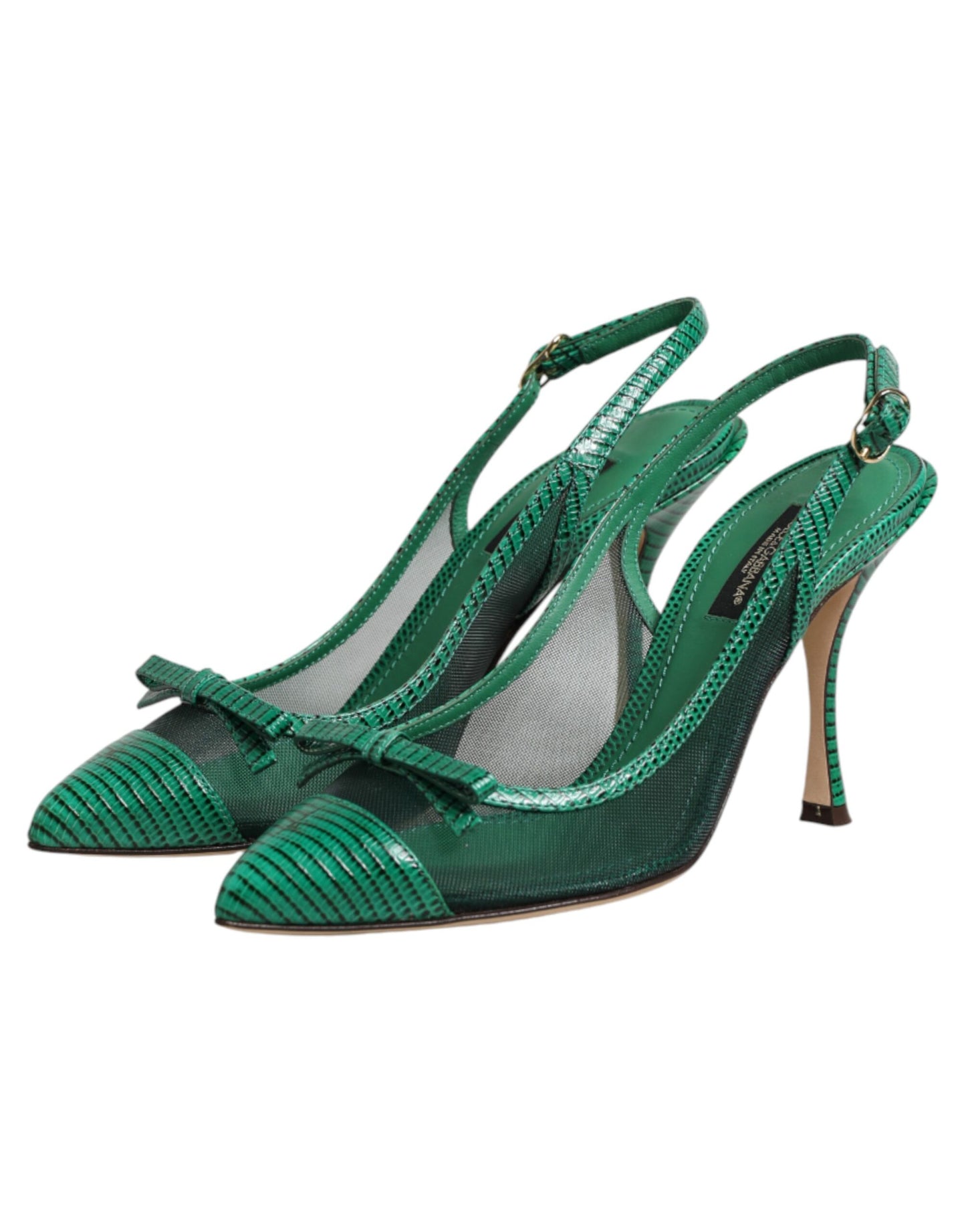 Dolce & Gabbana Green Leather Mesh Heels Slingback Shoes