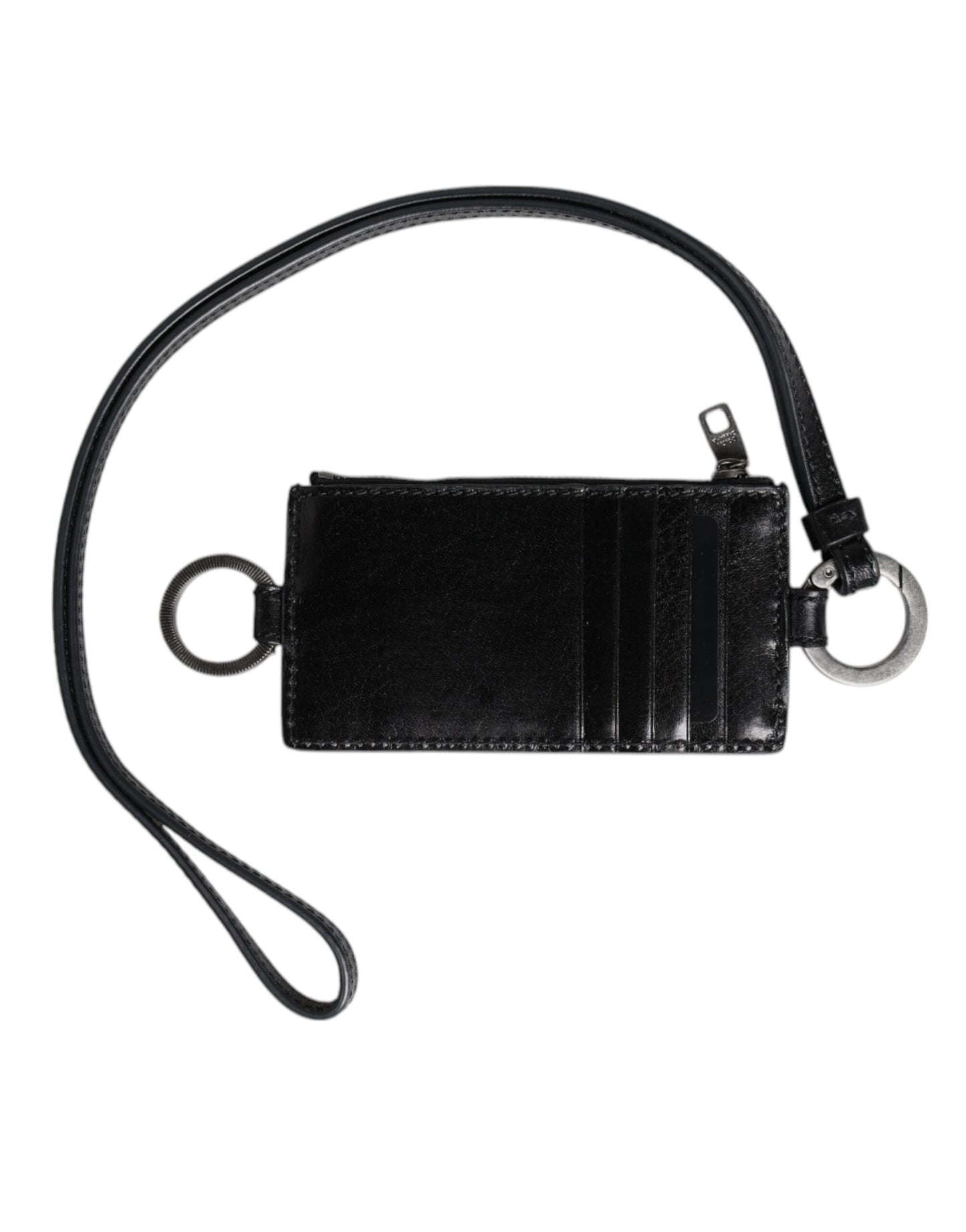 Dolce & Gabbana Black Leather Logo Embossed Lanyard Card Holder Wallet