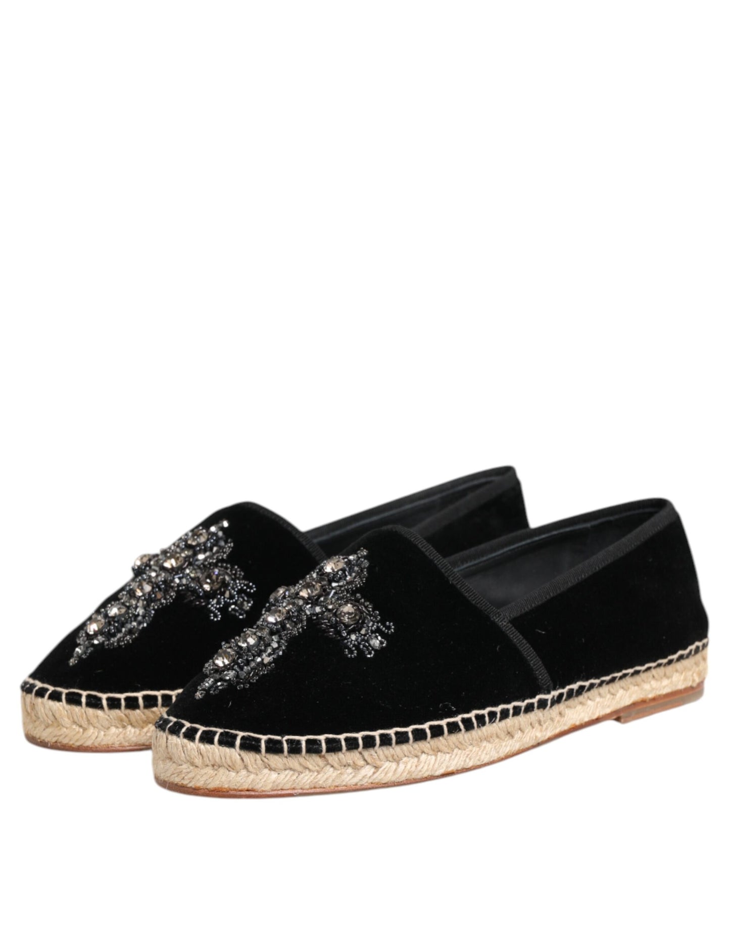Dolce & Gabbana Black Cross Crystal Slip On Espadrille Shoes