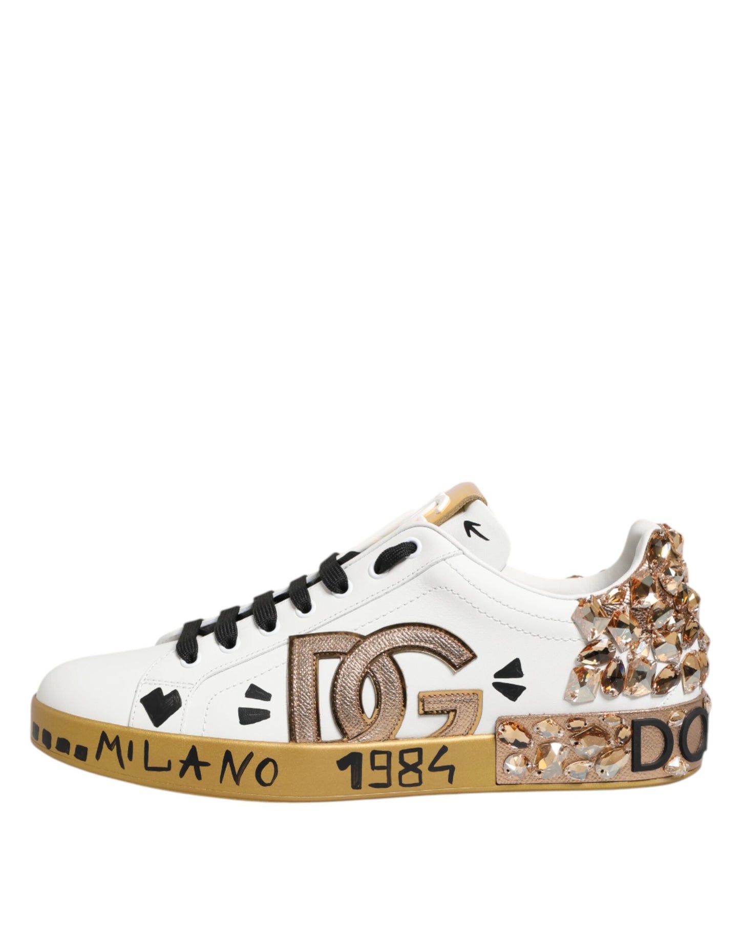 Dolce & Gabbana White Gold Crystal Portofino Sneakers Shoes