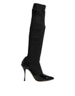 Dolce & Gabbana Black Leather Ribbed Knit Knee Boots Shoes
