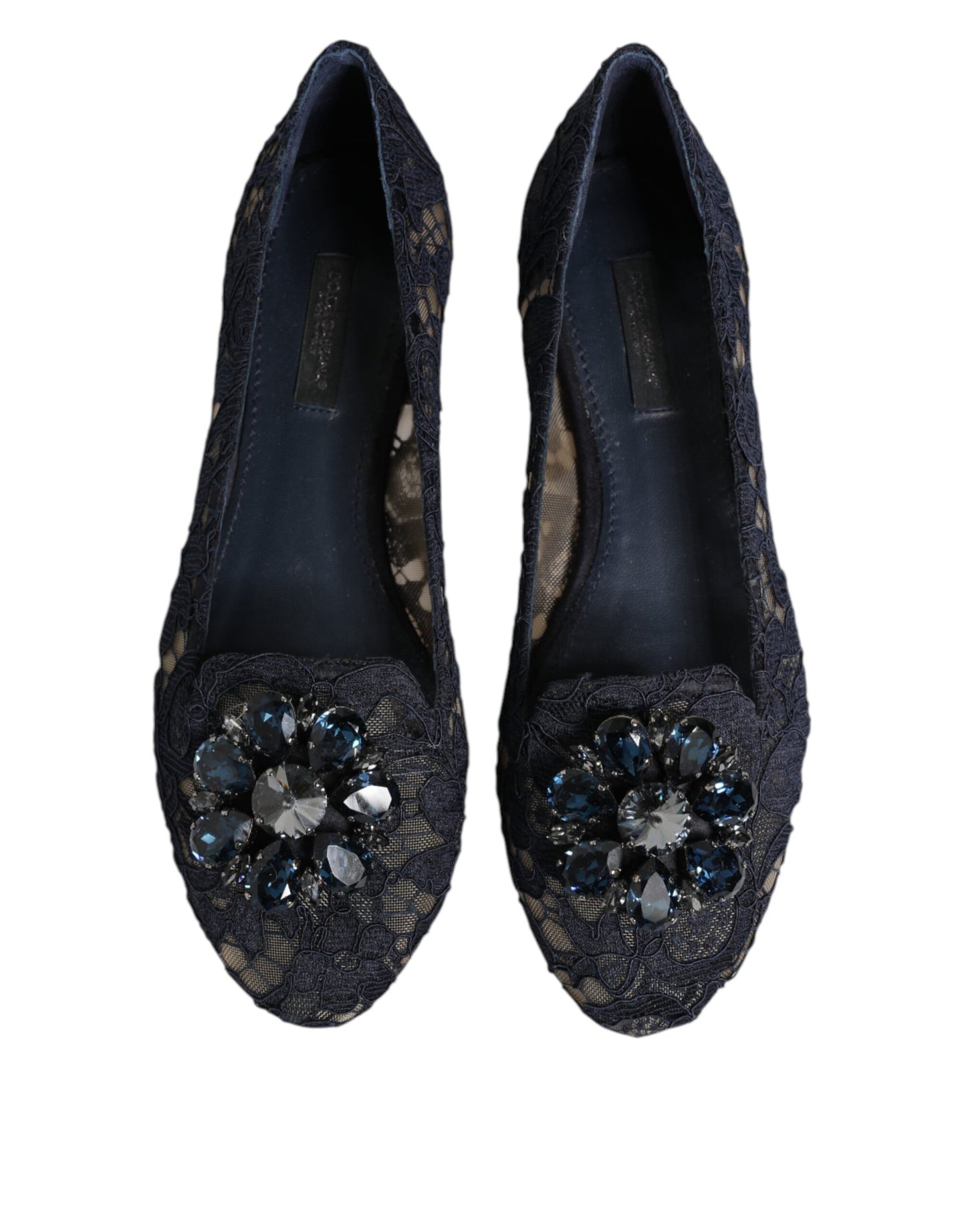 Dolce & Gabbana Blue Taormina Lace Crystals Flats Shoes
