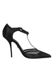Dolce & Gabbana Black Mesh T-strap Stiletto High Heels Shoes