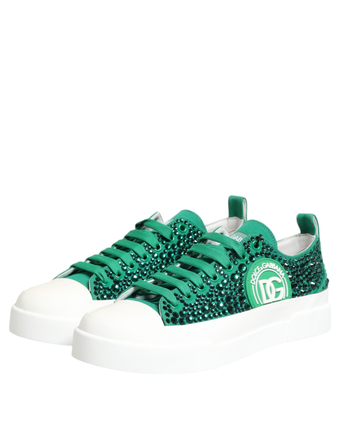 Dolce & Gabbana Green Portofino Crystal DG Logo Sneakers Shoes