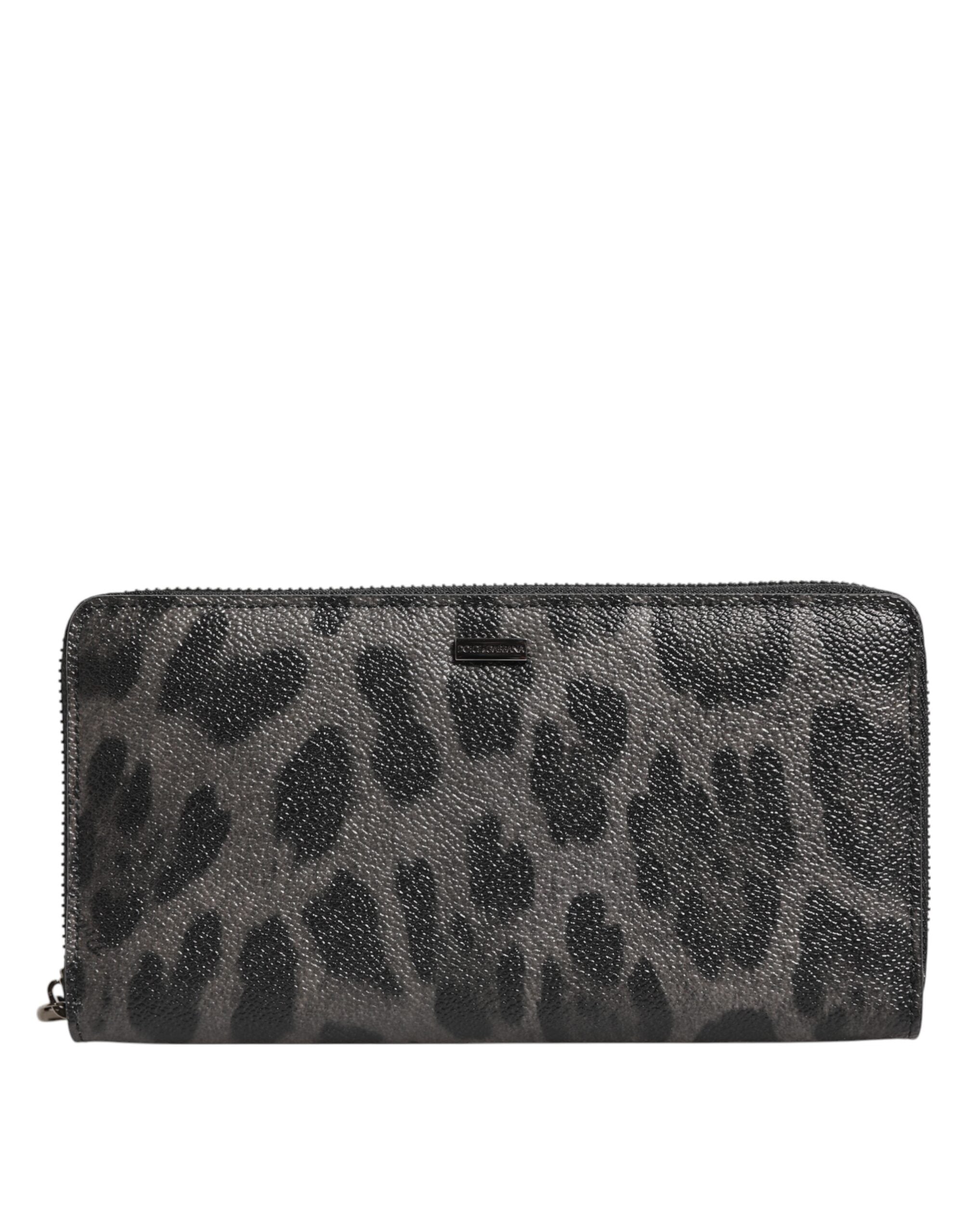 Dolce & Gabbana Black Gray Leopard Leather Zip Around Continental Wallet