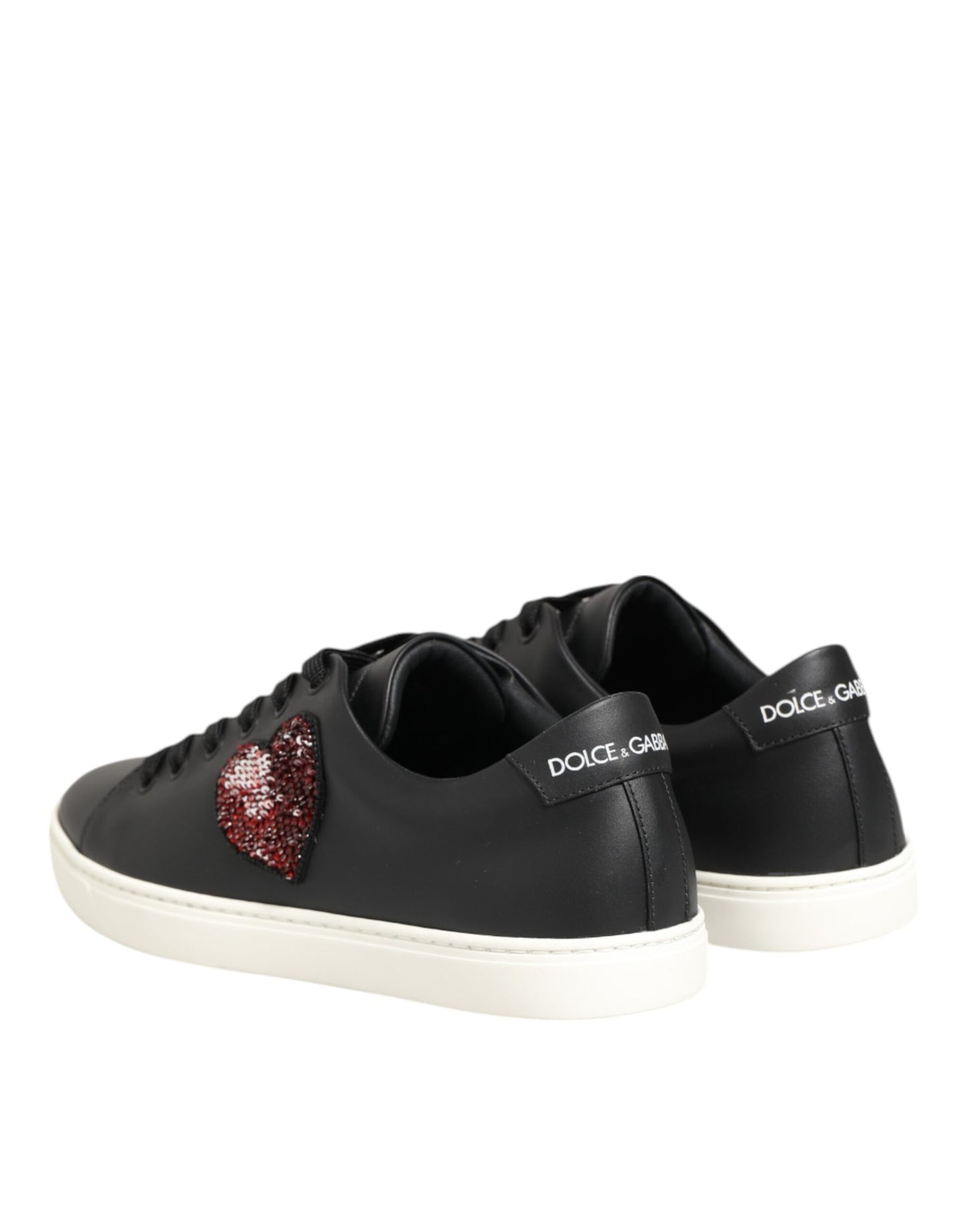 Dolce & Gabbana Black White Leather Crystal Heart Sneakers Shoes