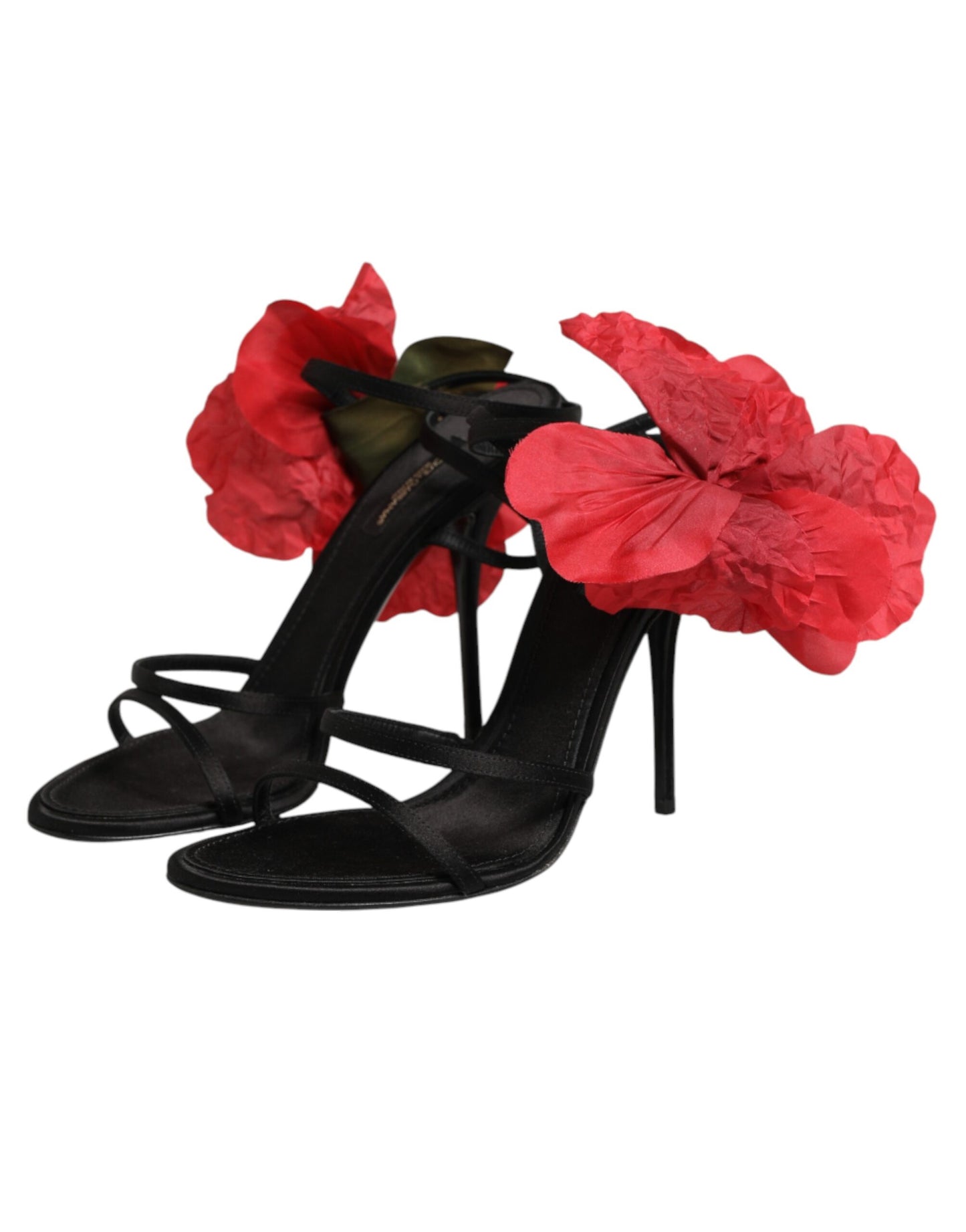 Dolce & Gabbana Black Leather Strappy Flower Heels Sandals  Shoes